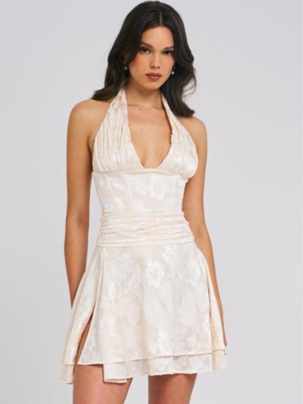 Miss Circle NWT Quintana Jacquard Textured Slit Halter Mini Dress, Size XS